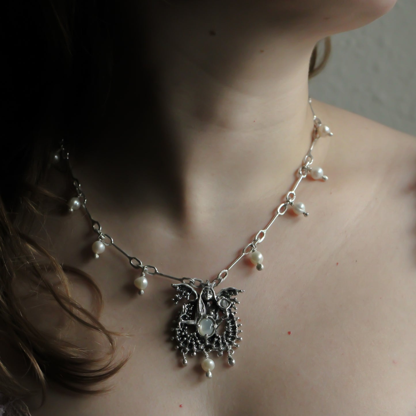 Mer-Moon Mother of Tides Talisman with ornate chain & pearls