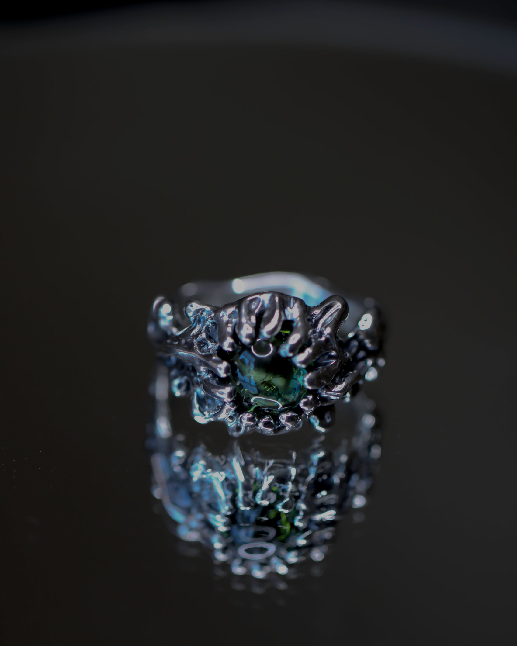 Green Tourmaline Venus Flow Ring, one-of-a-kind, size 9