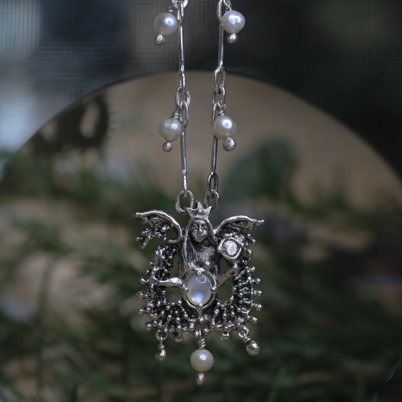 Mer-Moon Mother of Tides Talisman with ornate chain & pearls