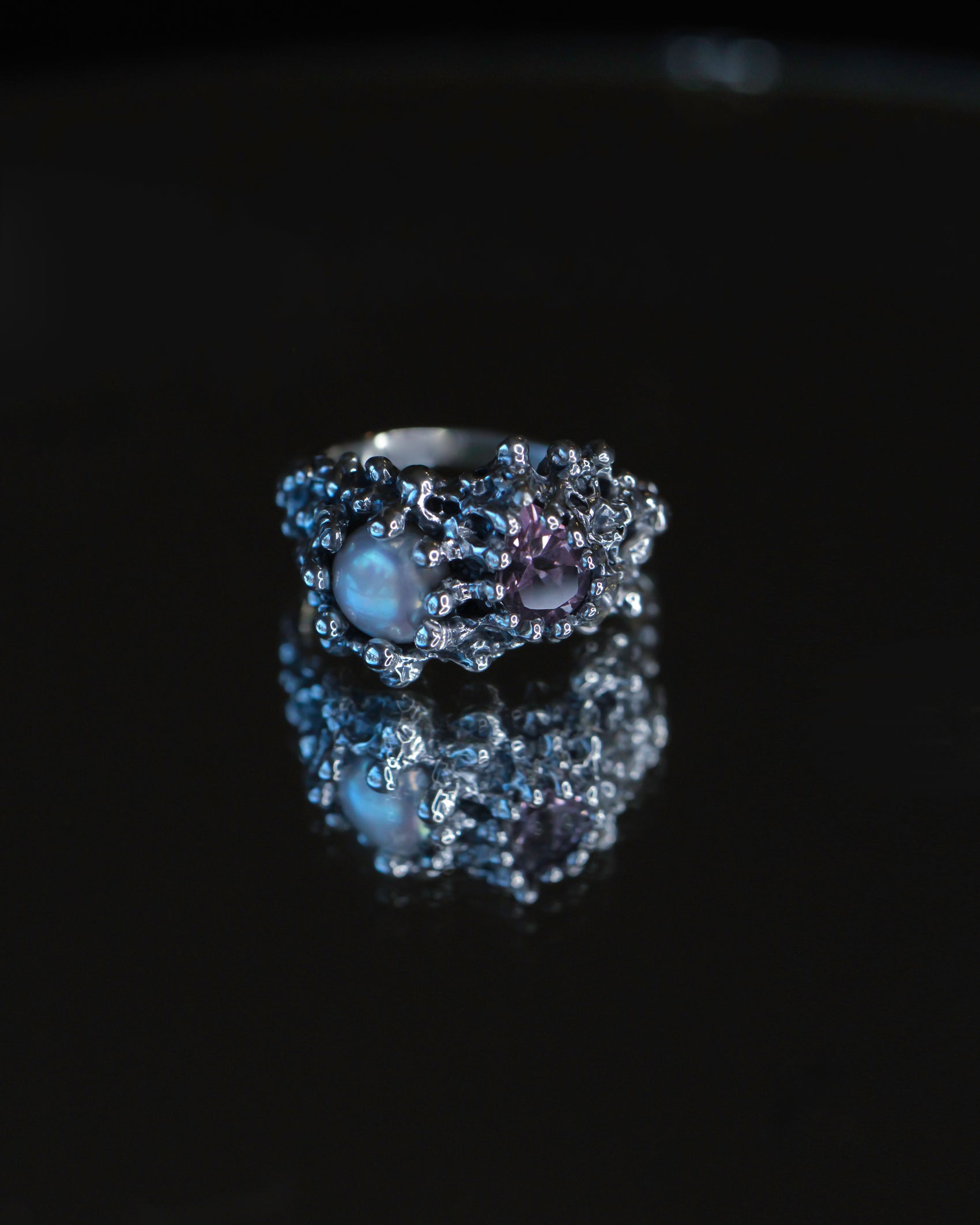 Pink and Pearl Patina Venus Flow Ring, one-of-a-kind, size 6