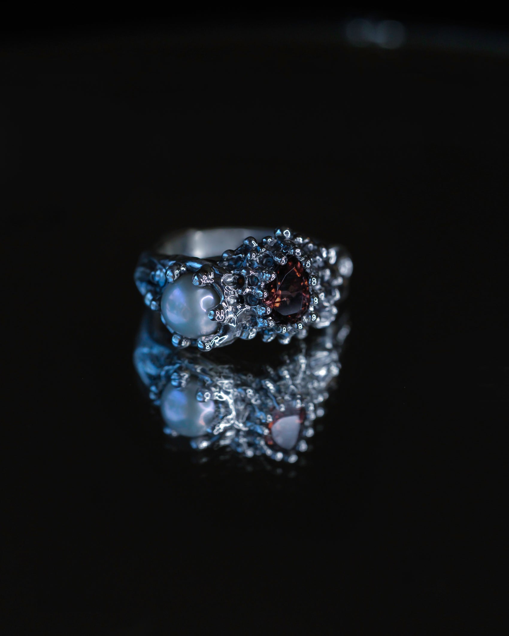 Saffron and Pearl Patina Venus Flow Ring, one-of-a-kind, size 6 3/4