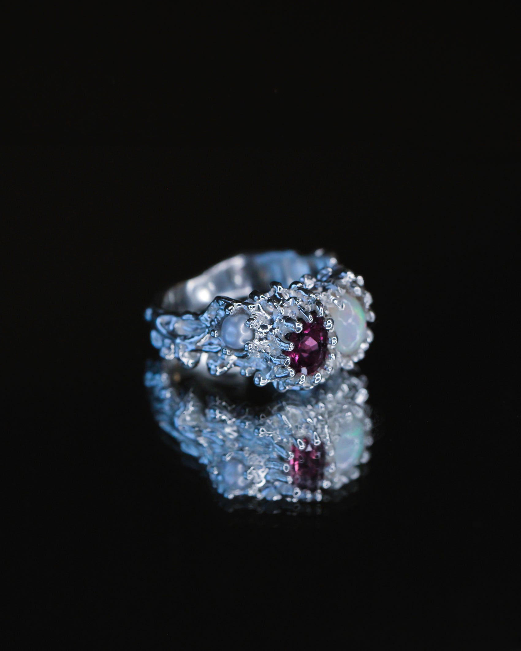 Pink Tourmaline, Opal and Pearl Venus Flow Ring, one-of-a-kind, size 7