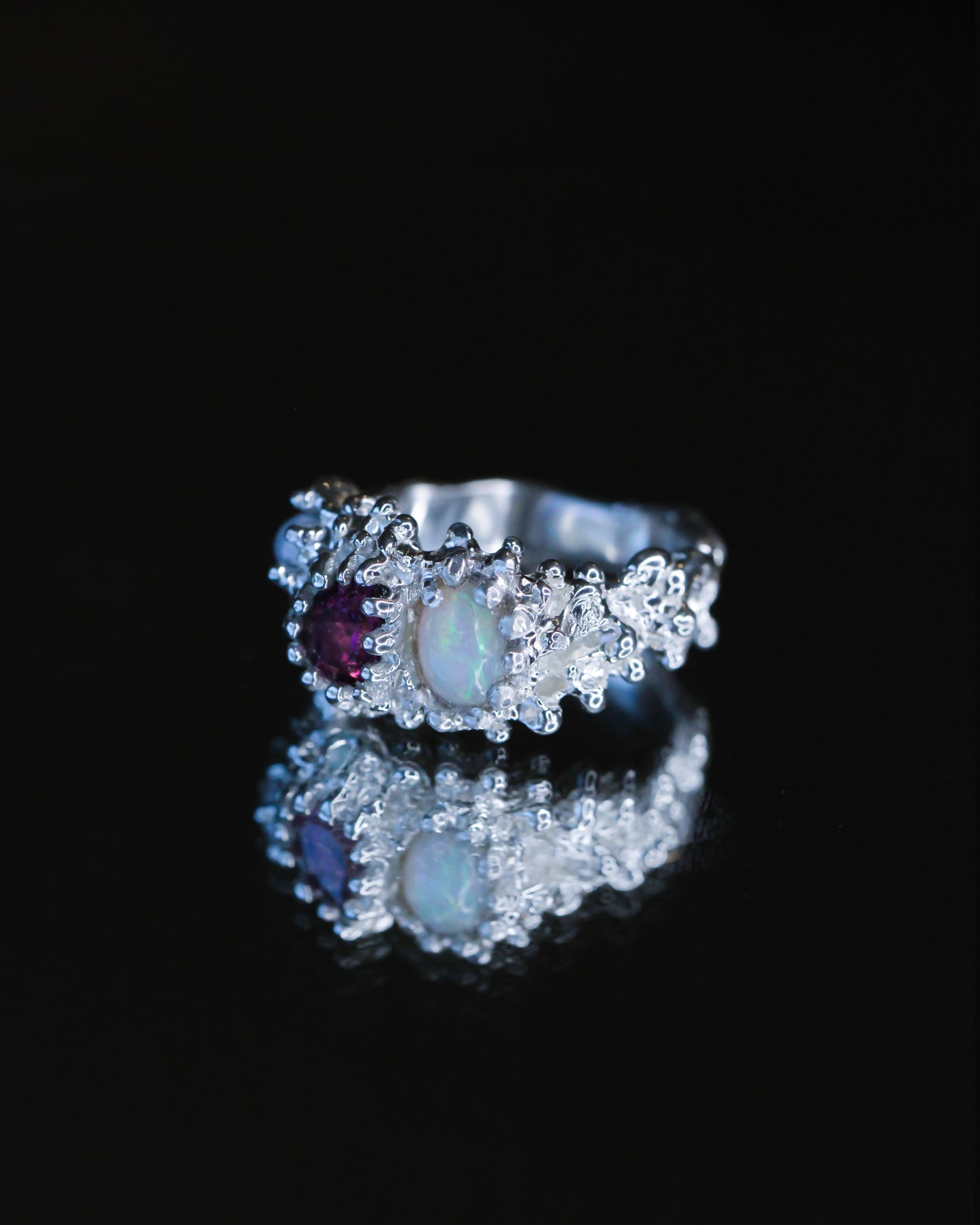 Pink Tourmaline, Opal and Pearl Venus Flow Ring, one-of-a-kind, size 7