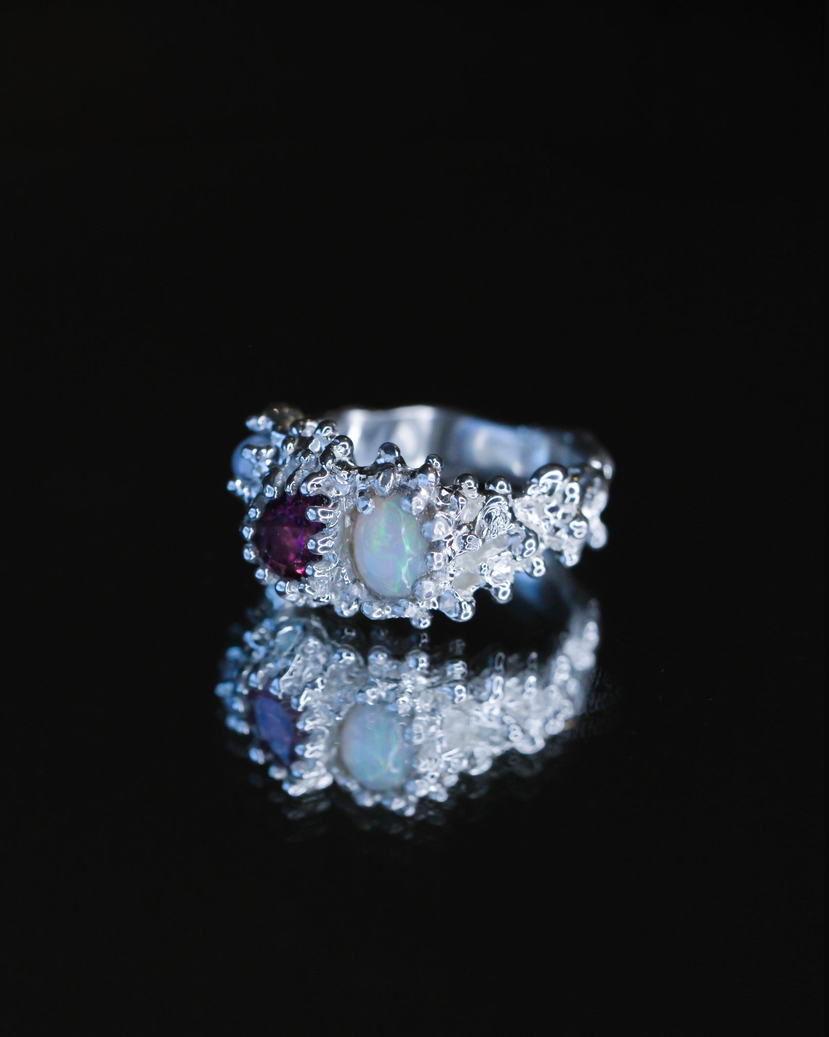 Pink Tourmaline, Opal and Pearl Venus Flow Ring, one-of-a-kind, size 7