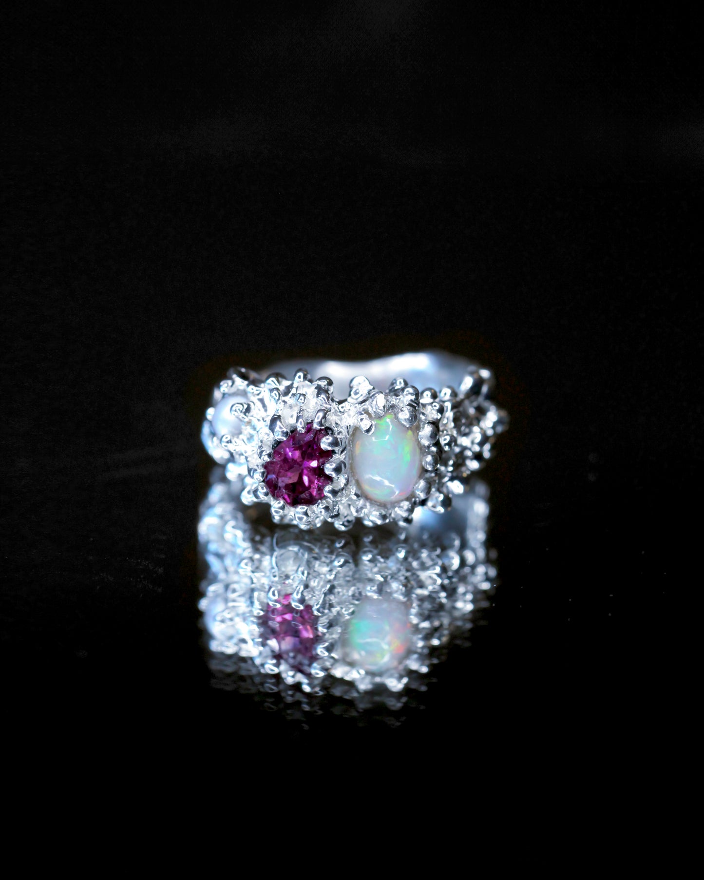 Pink Tourmaline, Opal and Pearl Venus Flow Ring, one-of-a-kind, size 7