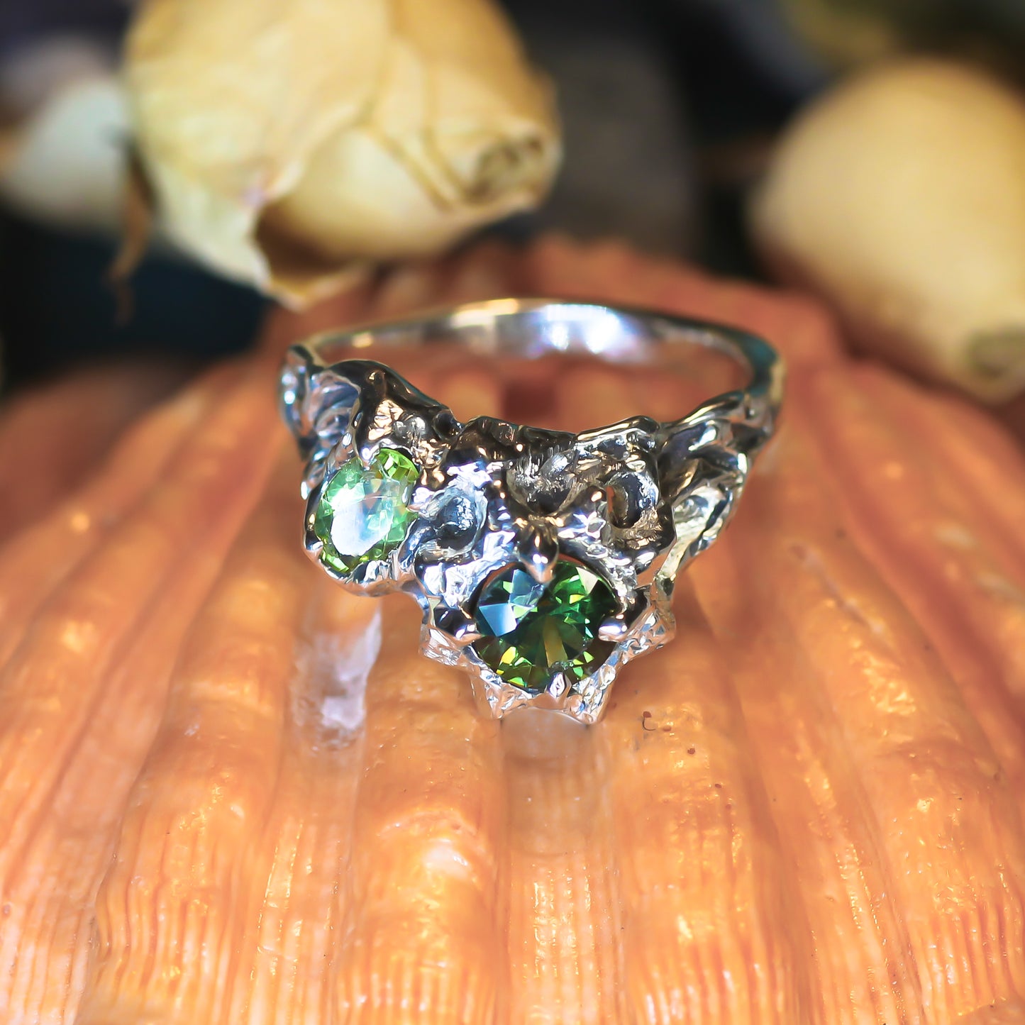 Coral Venus Star Ring with Sapphire and Chrysolite