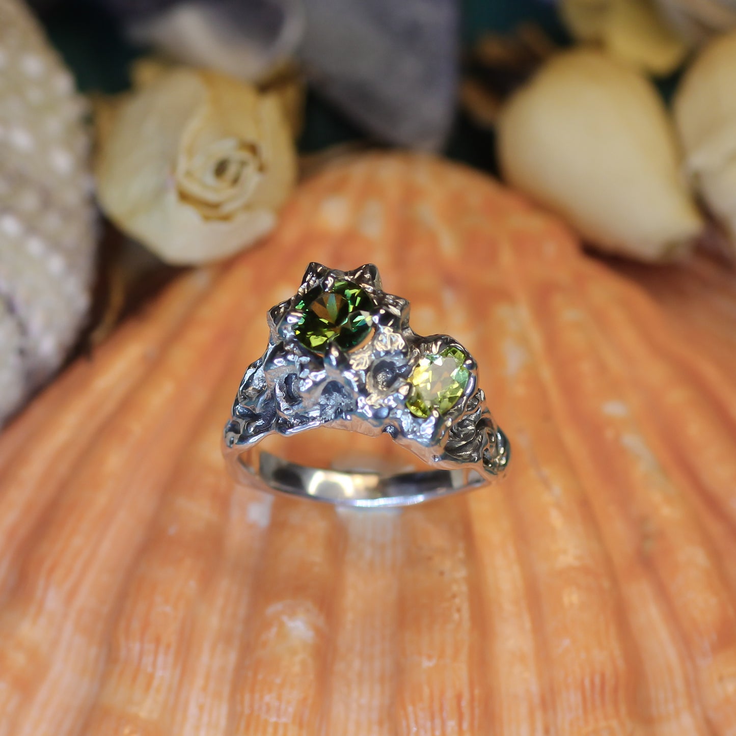Coral Venus Star Ring with Sapphire and Chrysolite