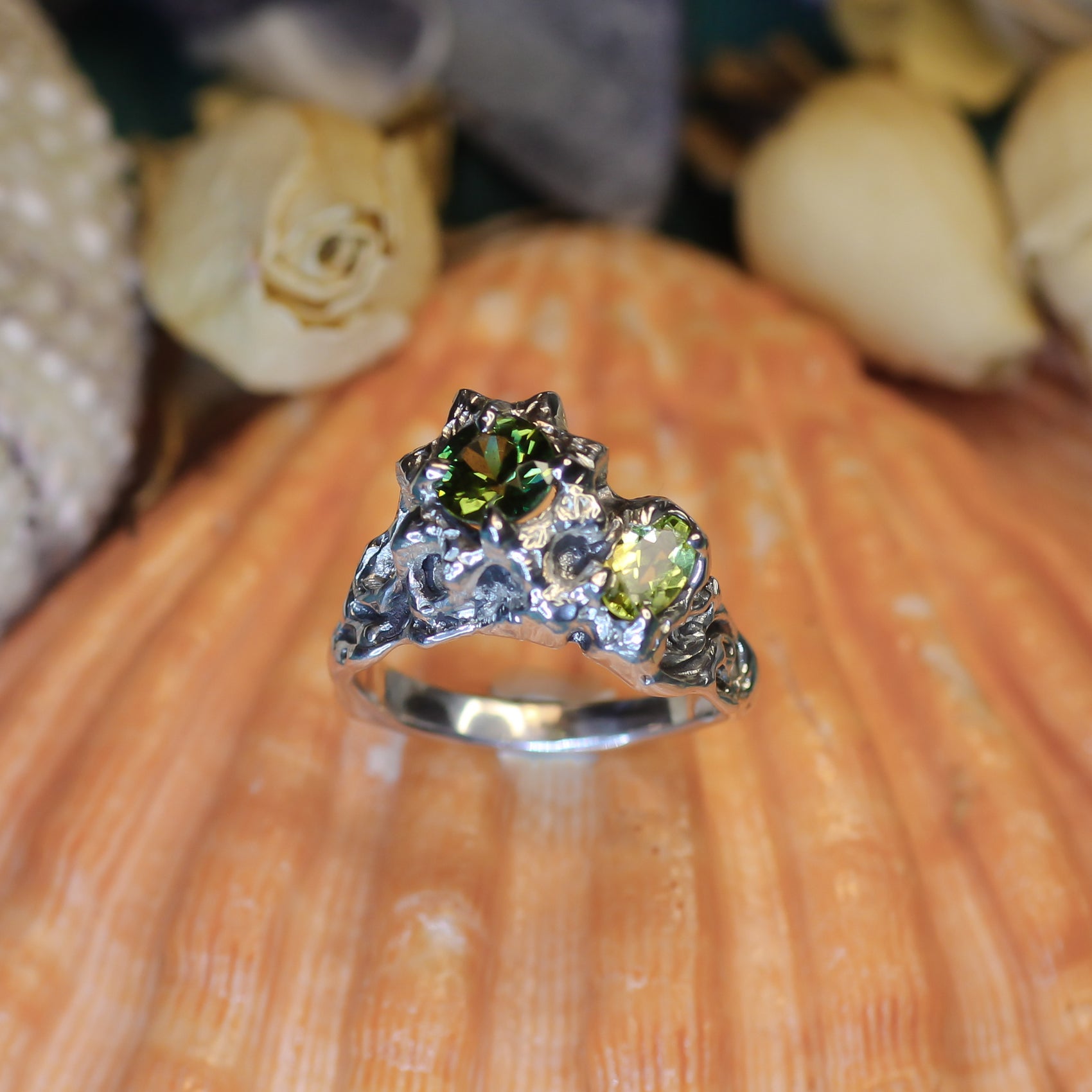 Coral Venus Star Ring with Sapphire and Chrysolite